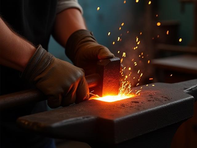 Nahaufnahme von Schmiedehänden, die glühenden Stahl auf einem Amboss bearbeiten, umgeben von Funken.