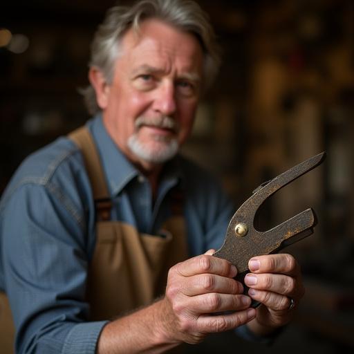 Porträt von David „Dave“ Miller, Spezialist für historische Rekonstruktionen, mit einem antiken Metallwerkzeug in der Hand.