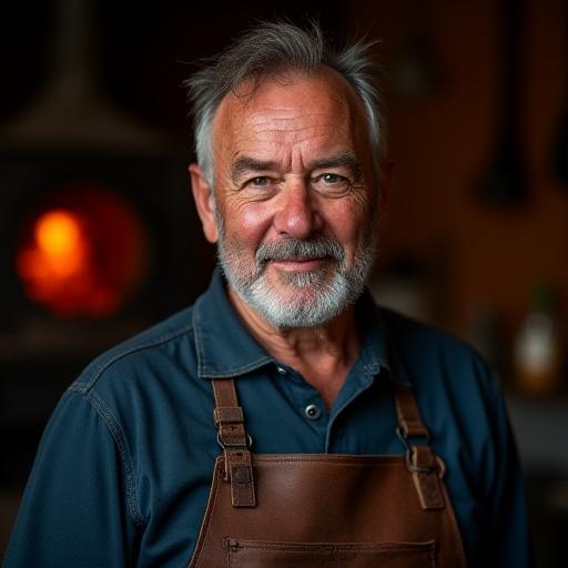 Porträt von Liam O'Connell, Meisterschmied, mit ernster, freundlicher Miene und Rußspuren im Gesicht.