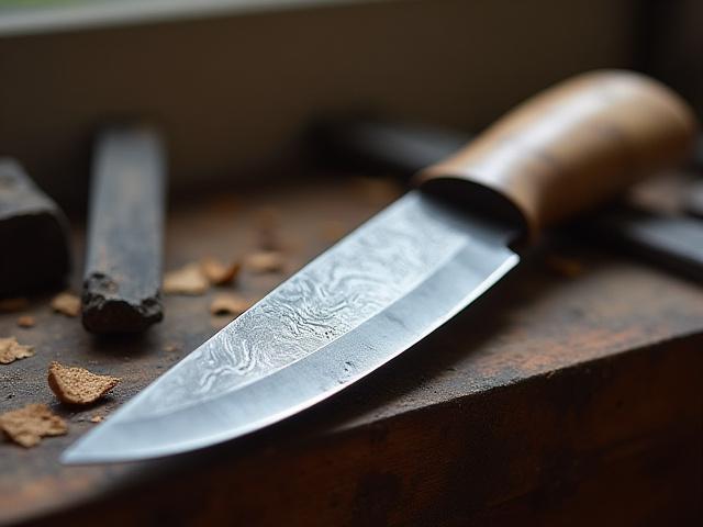 Messerschmieden 101: Ein handgeschmiedetes Messer auf einem Holzblock