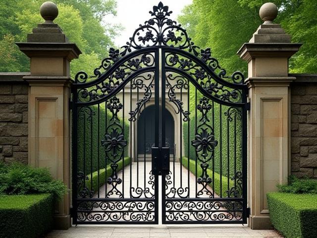 Aufwendiges Schmiedeeisentor mit floralen Motiven an einem historischen Gebaeude