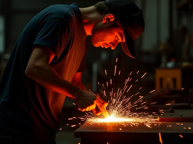 Handwerker arbeitet an einem massgeschneiderten Metallbauprojekt mit Funkenflug